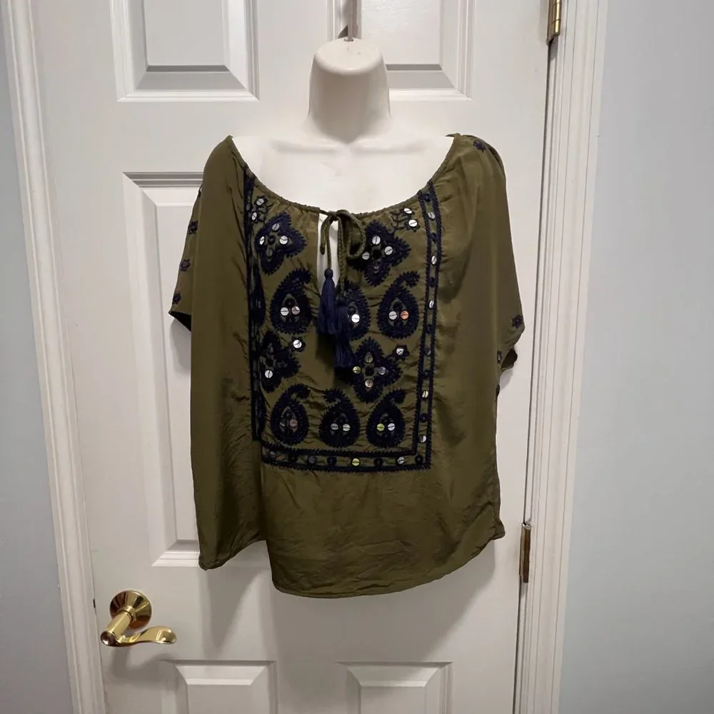Tory Burch sz 10 Camille olive silk top with navy embroidery/ sequined embellish